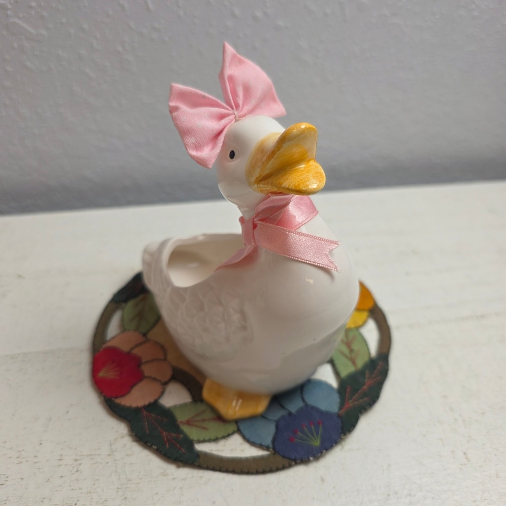 Vintage Russ Ceramic Duck Planter White Goose Figurine with Pink Bow